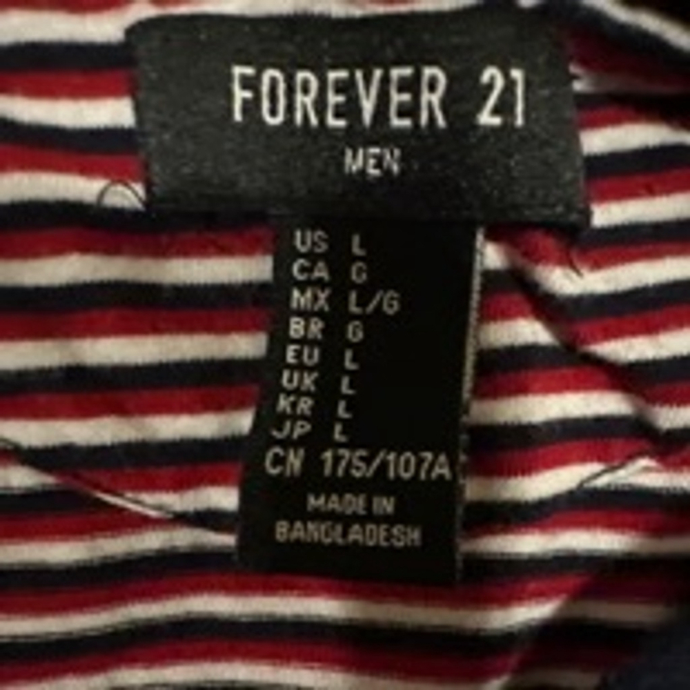 Men's Forever 21 T-Shirt, Size L, Red & White and Navy Striped - Picture 4 of 5
